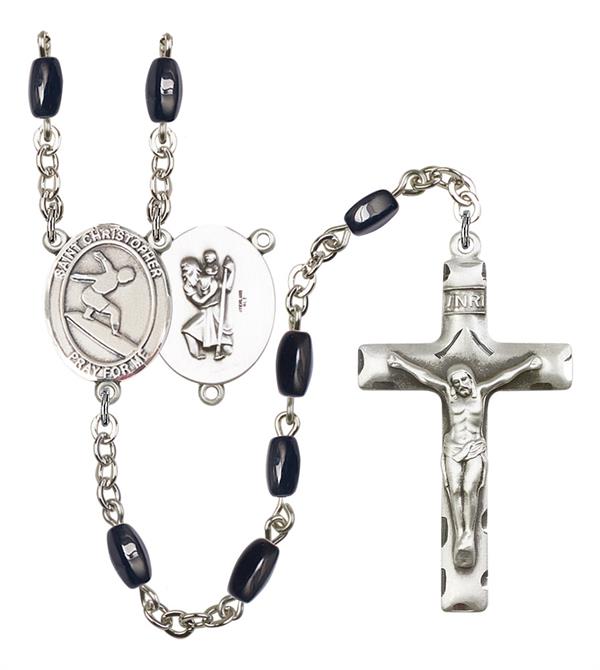 St. Christopher / Surfing Rosary, 8x5mm Black Onyx Beads, Silver Plate, # 12893