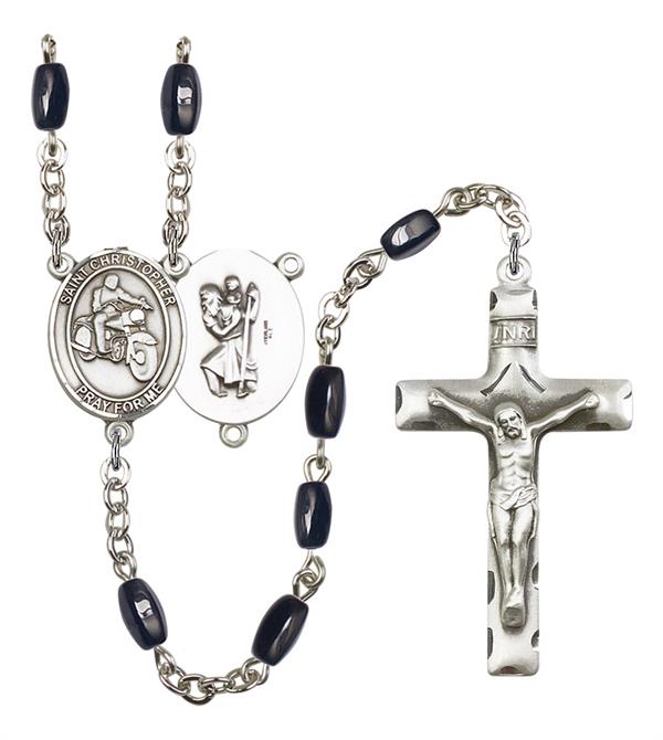 St. Christopher / Motorcycle Rosary, 8x5mm Black Onyx Beads, Silver Plate, # 12894
