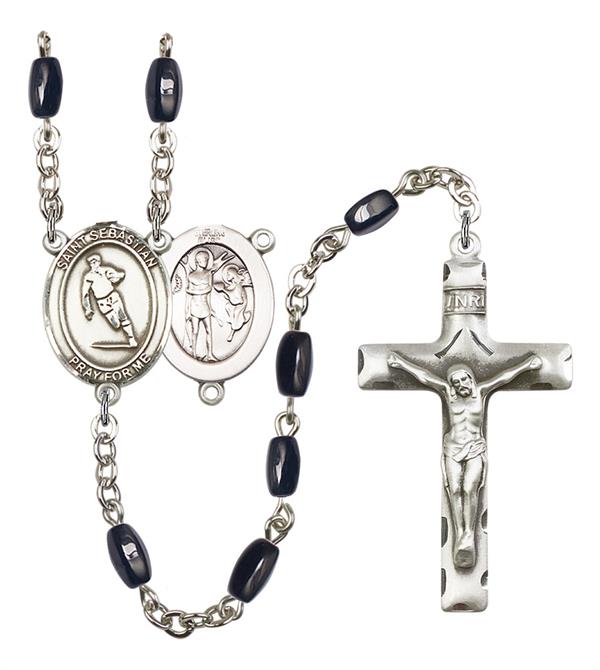 St. Sebastian / Rugby Rosary, 8x5mm Black Onyx Beads, Silver Plate, # 12896