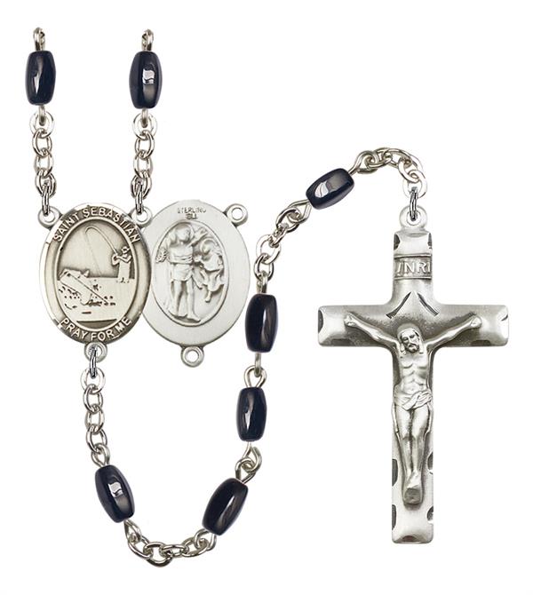 St. Sebastian / Fishing Rosary, 8x5mm Black Onyx Beads, Silver Plate, # 12897