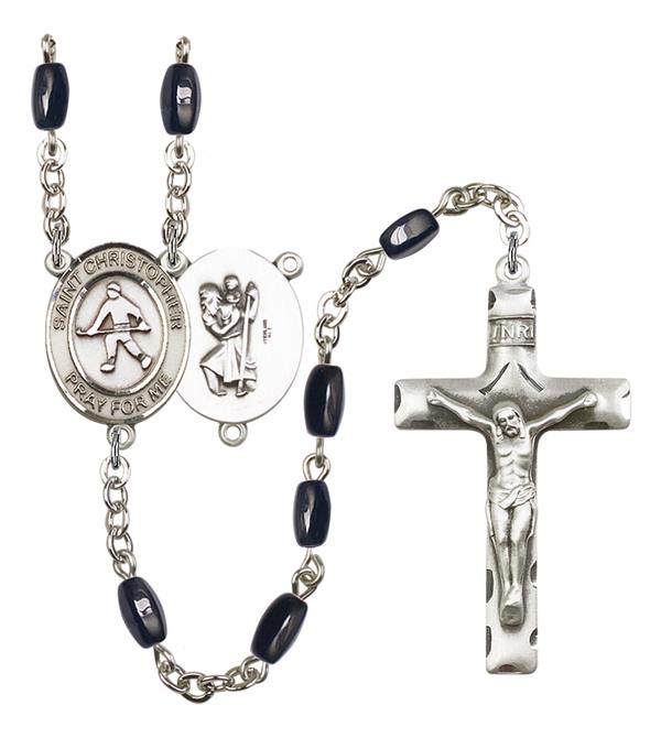 St. Christopher / Field Hockey Rosary, 8x5mm Black Onyx Beads, Silver Plate, # 12904