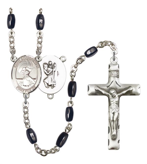 St. Christopher / Women's Water Polo Rosary, 8x5mm Black Onyx Beads, Silver Plate, # 12908