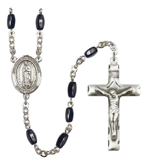 Our Lady of Guadalupe Rosary, 8x5mm Black Onyx Beads, Silver Plate, # 12917