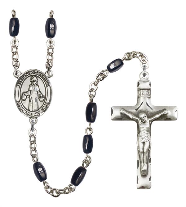 St. Nino de Atocha Spanish Rosary, 8x5mm Black Onyx Beads, Silver Plate, # 12928