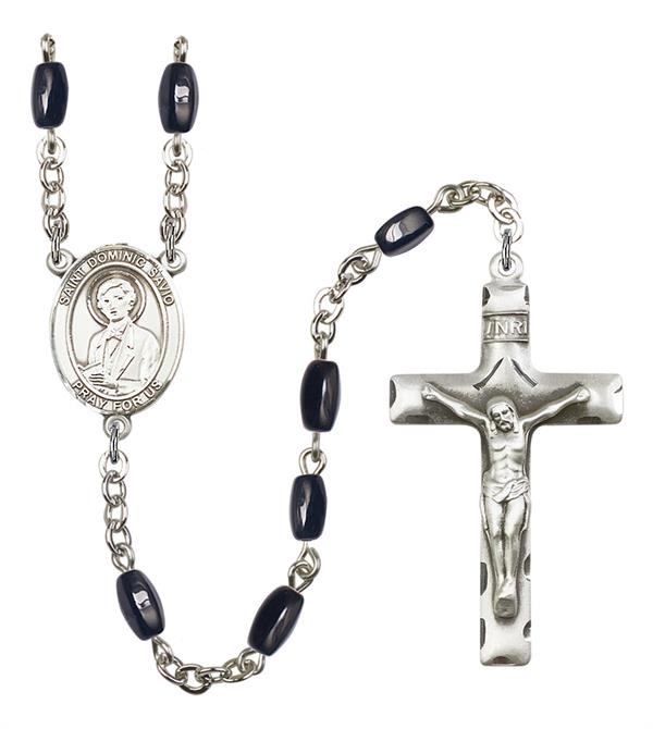 St. Dominic Savio Rosary, 8x5mm Black Onyx Beads, Silver Plate, # 12942