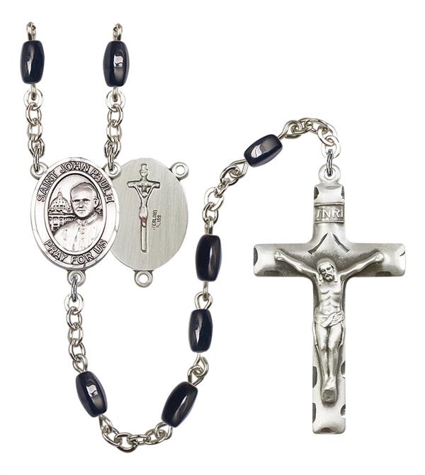 St. John Paul II Rosary, 8x5mm Black Onyx Beads, Silver Plate, # 12949