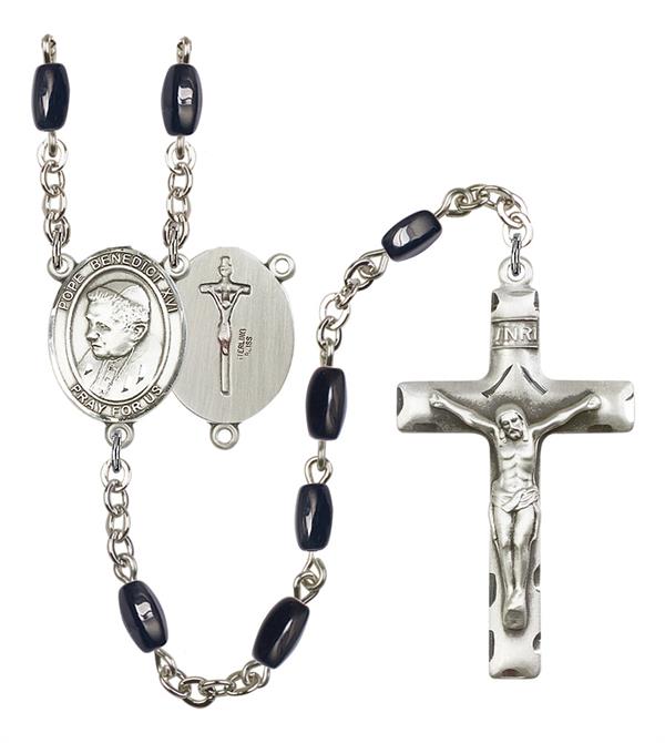 Pope Benedict XVI Rosary, 8x5mm Black Onyx Beads, Silver Plate, # 12950