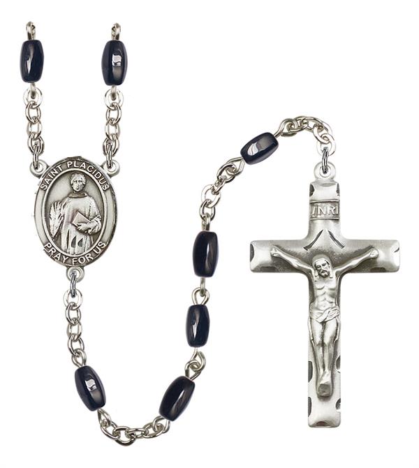 St. Placidus Rosary, 8x5mm Black Onyx Beads, Silver Plate, # 12955