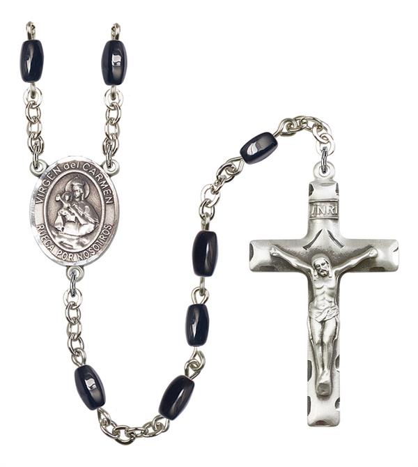 Virgen del Carmen Spanish Rosary, 8x5mm Black Onyx Beads, Silver Plate, # 12959