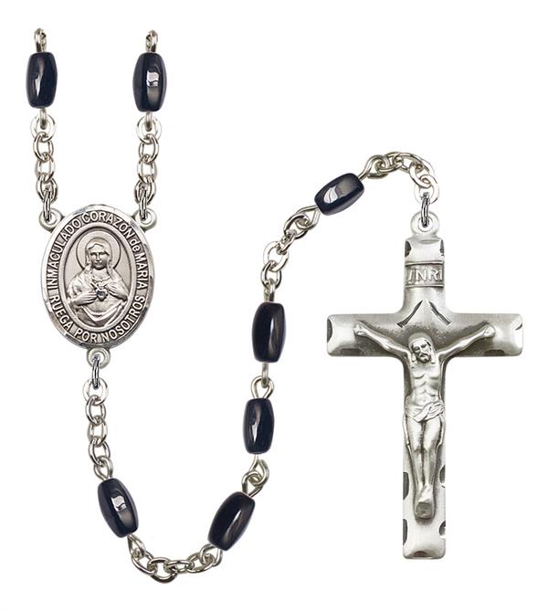 Corazon Inmaculado de Maria Spanish Rosary, 8x5mm Black Onyx Beads, Silver Plate, # 13060