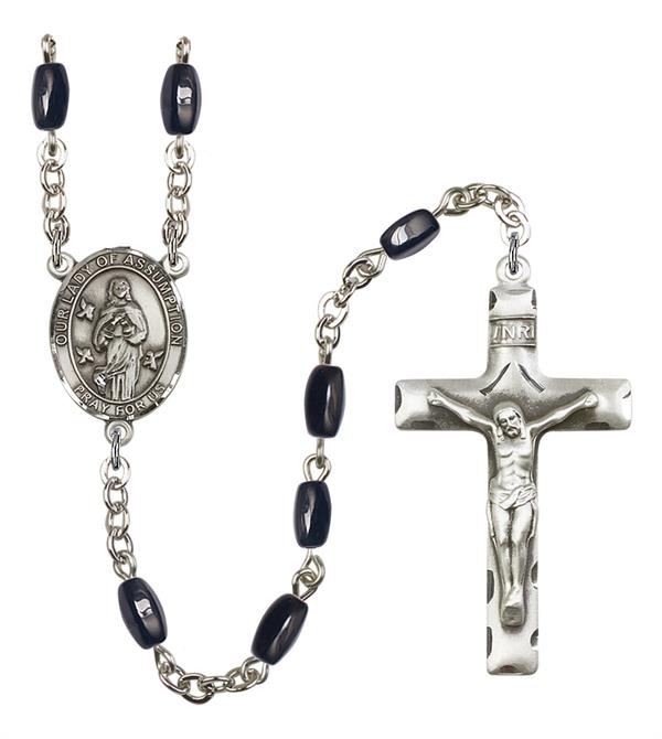 Our Lady of the Assumption Rosary, 8x5mm Black Onyx Beads, Silver Plate, # 13124