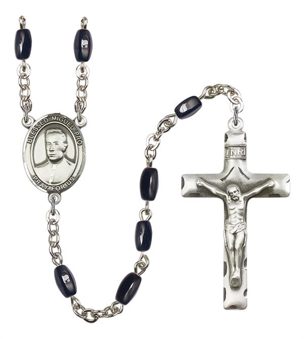 Blessed Miguel Pro Rosary, 8x5mm Black Onyx Beads, Silver Plate, # 13126