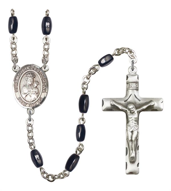Our Lady of Czestochowa Rosary, 8x5mm Black Onyx Beads, Silver Plate, # 13158