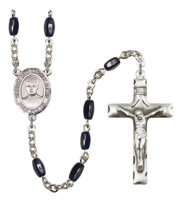 St. Jose Luis Sanchez Del Rio Rosary, 8x5mm Black Onyx Beads, Silver Plate, # 13180