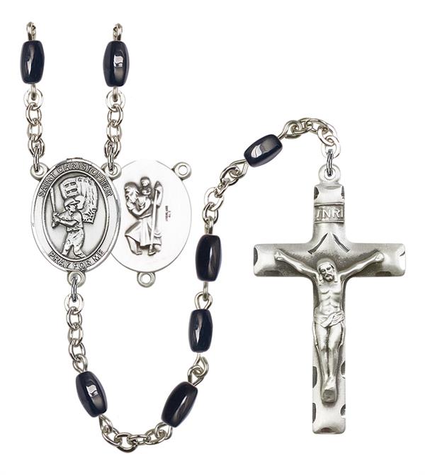St. Christopher / Baseball Rosary, 8x5mm Black Onyx Beads, Silver Plate, # 13188