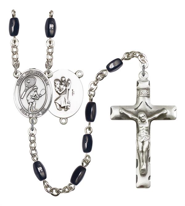St. Christopher / Tennis Rosary, 8x5mm Black Onyx Beads, Silver Plate, # 13193