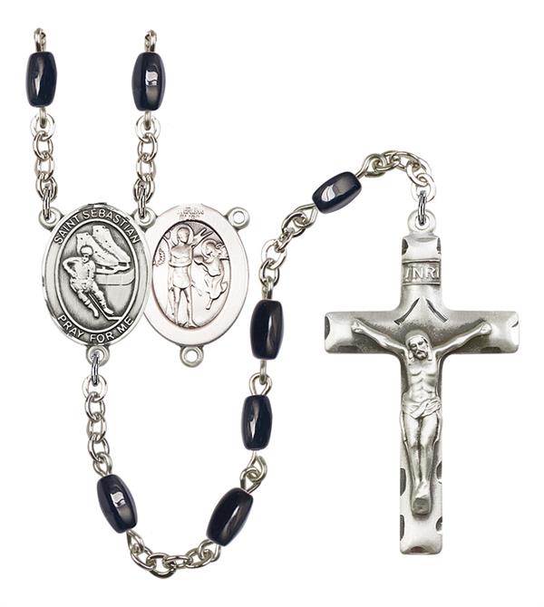 St. Sebastian / Hockey Rosary, 8x5mm Black Onyx Beads, Silver Plate, # 13210