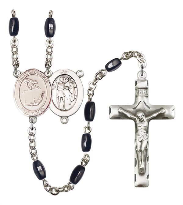 St. Sebastian / Gymnastics Rosary, 8x5mm Black Onyx Beads, Silver Plate, # 13219