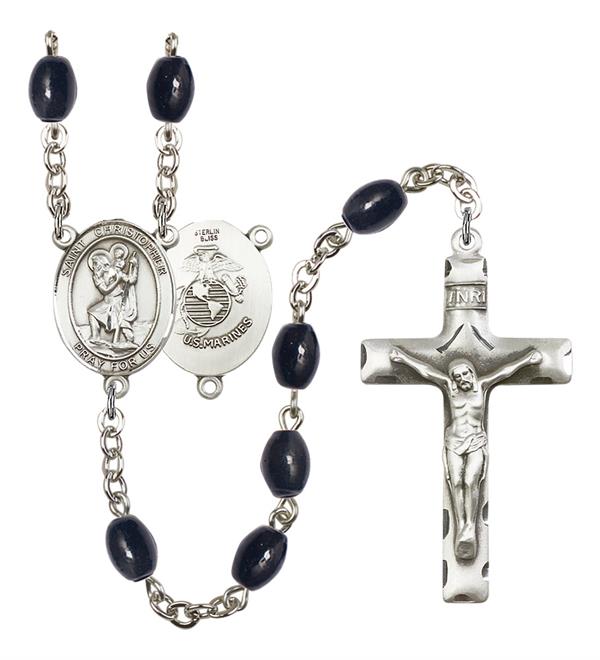 St. Christopher U.S. Marines Rosary, 8x6mm Black Onyx Beads, Silver Plate, # 13270