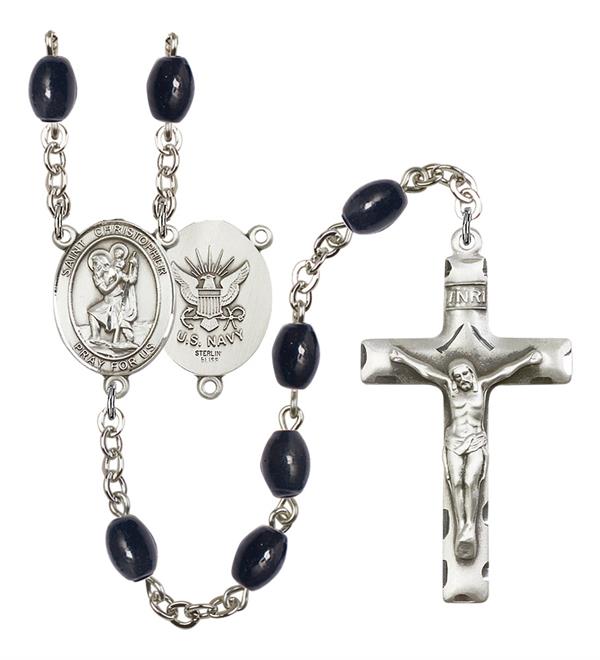 St. Christopher U.S. Navy Rosary, 8x6mm Black Onyx Beads, Silver Plate, # 13272