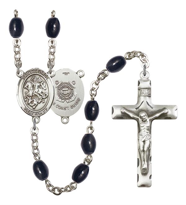 St. George U.S. Coast Guard Rosary, 8x6mm Black Onyx Beads, Silver Plate, # 13297