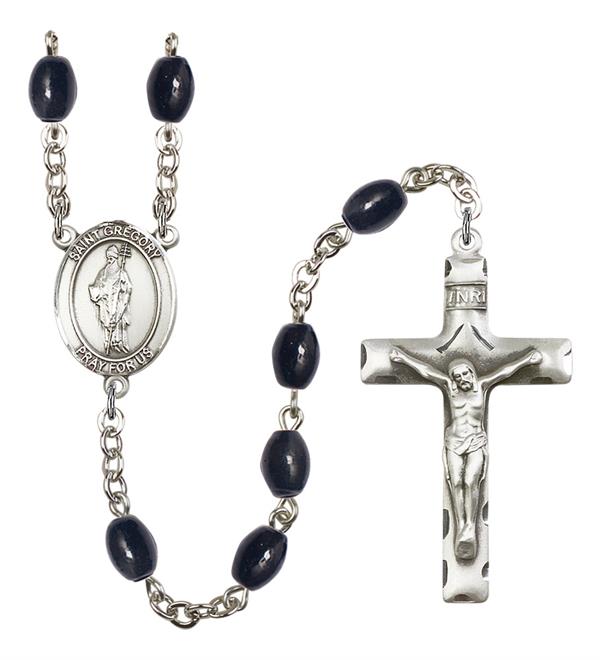 St. Gregory Rosary, 8x6mm Black Onyx Beads, Silver Plate, # 13309