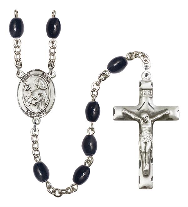 St. Kevin Rosary, 8x6mm Black Onyx Beads, Silver Plate, # 13335