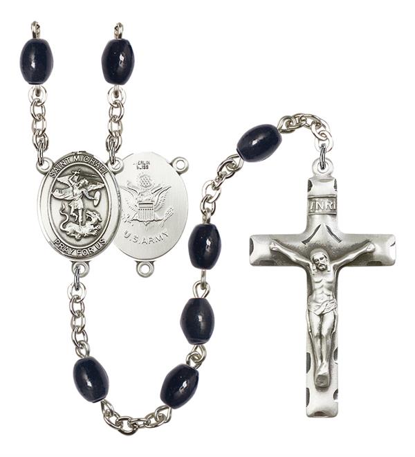 St. Michael U.S. Army Rosary, 8x6mm Black Onyx Beads, Silver Plate, # 13356
