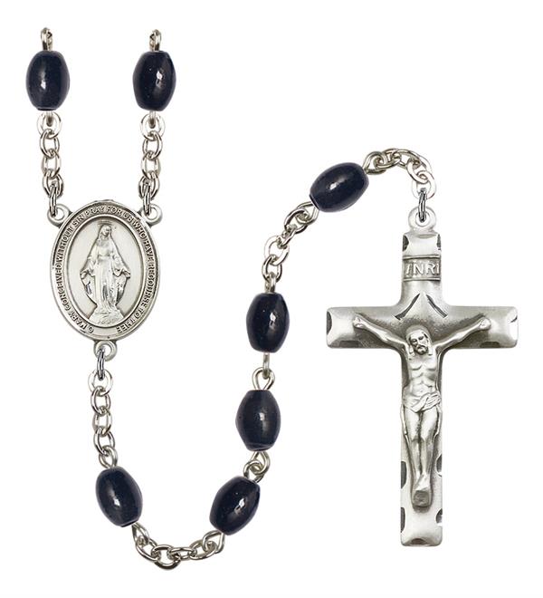 Miraculous Medal Rosary, 8x6mm Black Onyx Beads, Silver Plate, # 13364