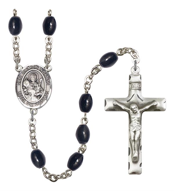 San Ramon Nonato Spanish Rosary, 8x6mm Black Onyx Beads, Silver Plate, # 13386