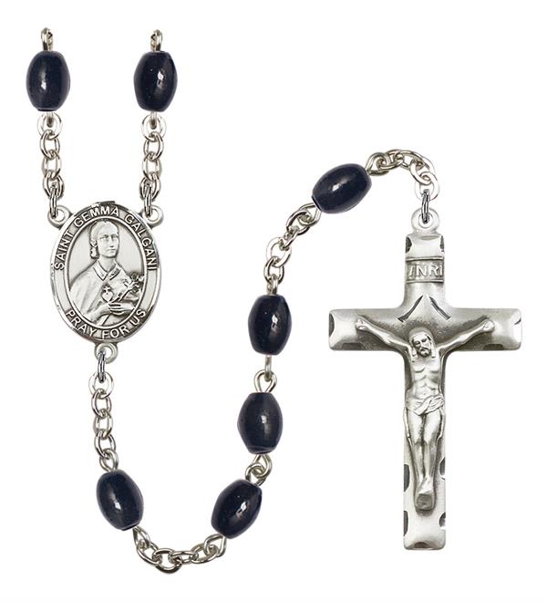 St. Gemma Galgani Rosary, 8x6mm Black Onyx Beads, Silver Plate, # 13435