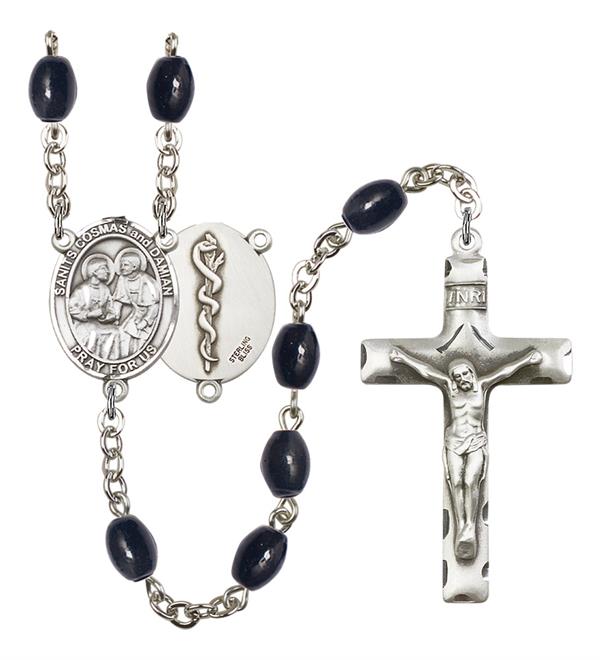 Sts. Cosmas and Damian Doctor's Rosary, 8x6mm Black Onyx Beads, Silver Plate, # 13438