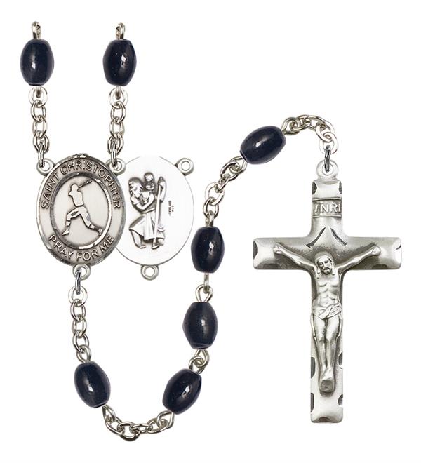 St. Christopher / Baseball Rosary, 8x6mm Black Onyx Beads, Silver Plate, # 13456