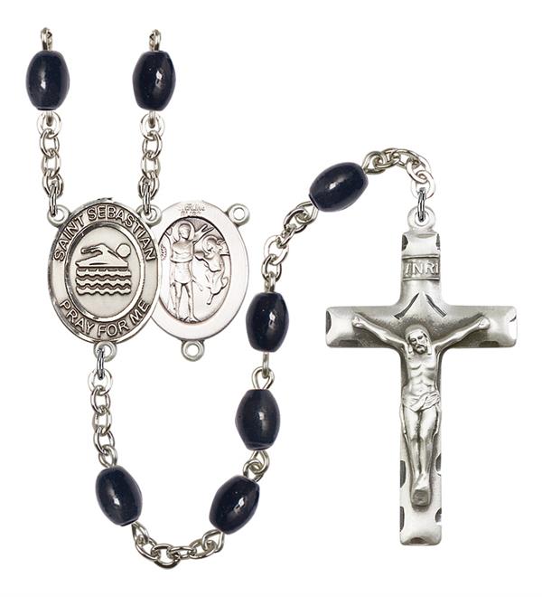 St. Sebastian / Swimming Rosary, 8x6mm Black Onyx Beads, Silver Plate, # 13474