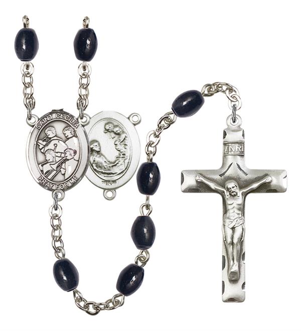 St. Cecilia / Marching Band Rosary, 8x6mm Black Onyx Beads, Silver Plate, # 13486