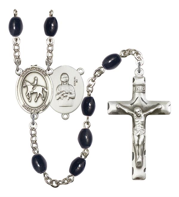 St. Kateri / Equestrian Rosary, 8x6mm Black Onyx Beads, Silver Plate, # 13489