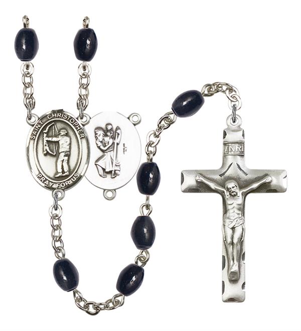 St. Christopher / Archery Rosary, 8x6mm Black Onyx Beads, Silver Plate, # 13497