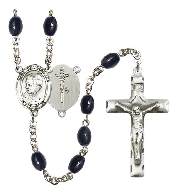 Pope Benedict XVI Rosary, 8x6mm Black Onyx Beads, Silver Plate, # 13546