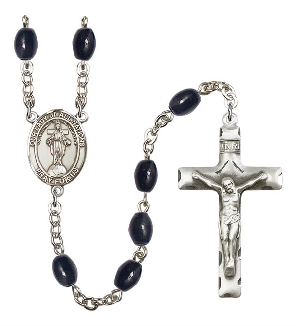 Our Lady of All Nations Rosary, 8x6mm Black Onyx Beads, Silver Plate, # 13553