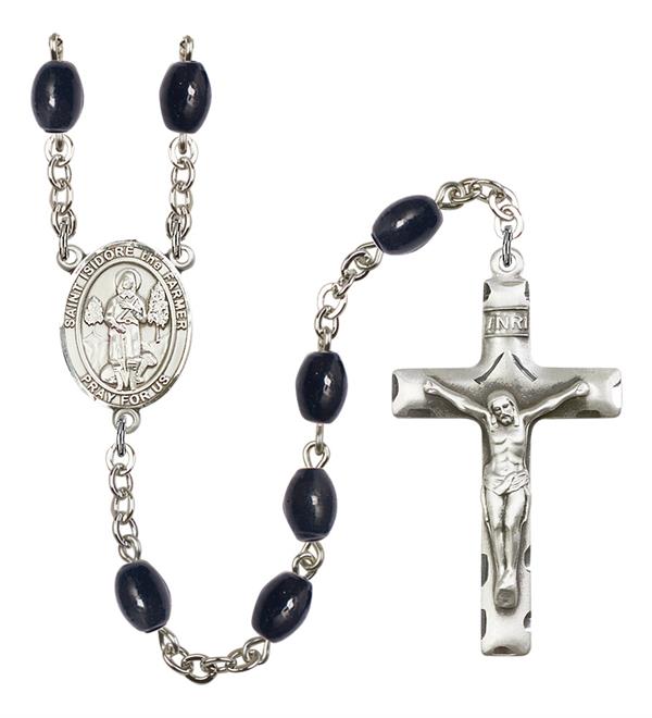 St. Isidore the Farmer Rosary, 8x6mm Black Onyx Beads, Silver Plate, # 13590