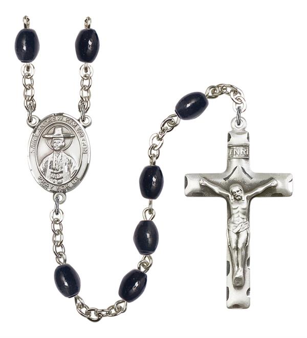 St. Andrew Kim Taegon Rosary, 8x6mm Black Onyx Beads, Silver Plate, # 13697