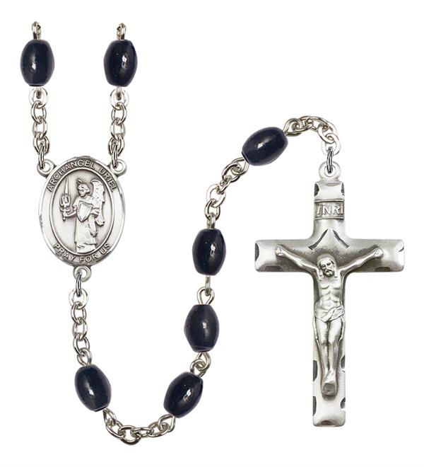 St. Uriel the Archangel Rosary, 8x6mm Black Onyx Beads, Silver Plate, # 13705