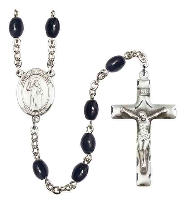 St. Columbkille Rosary, 8x6mm Black Onyx Beads, Silver Plate, # 13726