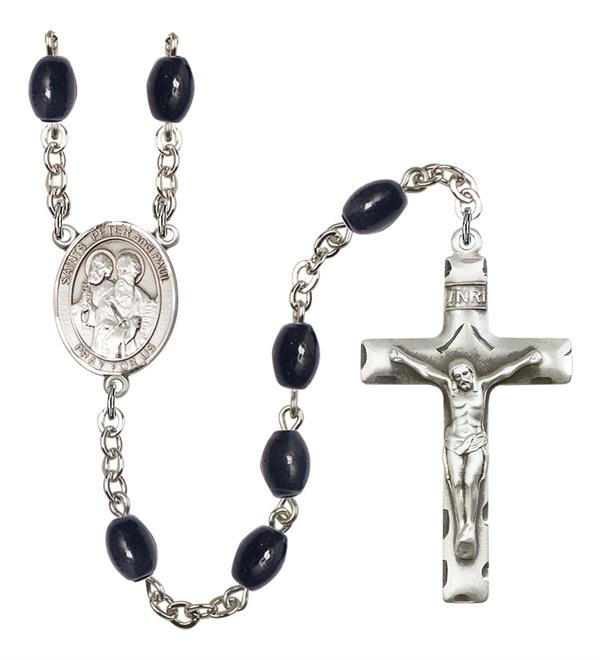 Sts. Peter & Paul Rosary, 8x6mm Black Onyx Beads, Silver Plate, # 13740