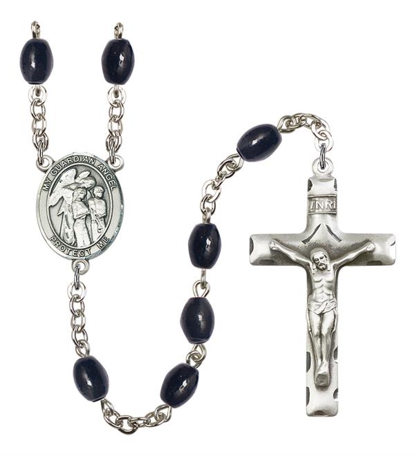 Guardian Angel w/ Children Rosary, 8x6mm Black Onyx Beads, Silver Plate, # 13767