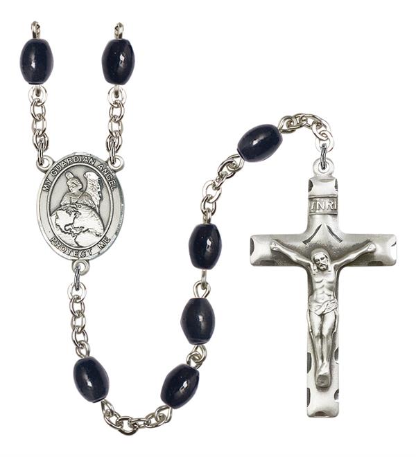 Guardian Angel Protector Rosary, 8x6mm Black Onyx Beads, Silver Plate, # 13768
