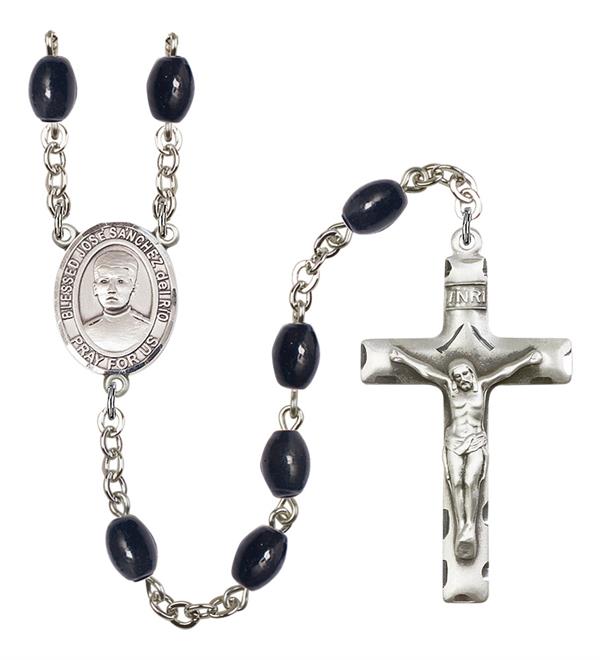 St. Jose Luis Sanchez Del Rio Rosary, 8x6mm Black Onyx Beads, Silver Plate, # 13774