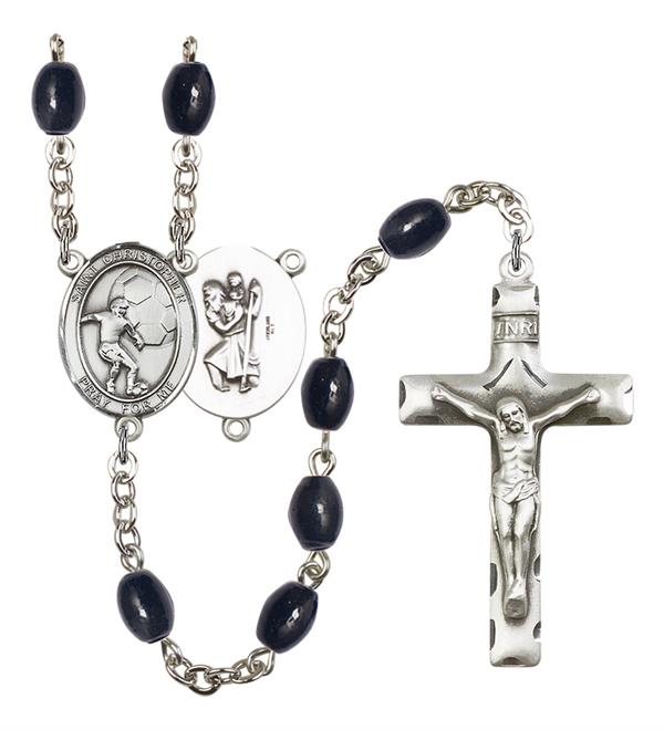 St. Christopher / Soccer Rosary, 8x6mm Black Onyx Beads, Silver Plate, # 13785