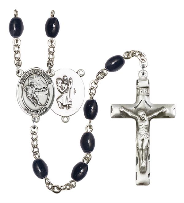 St. Christopher / Hockey Rosary, 8x6mm Black Onyx Beads, Silver Plate, # 13786