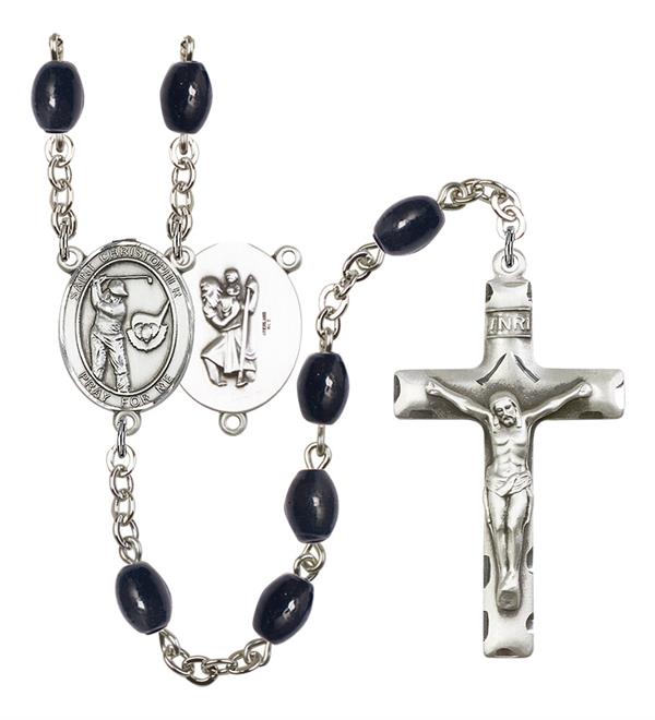 St. Christopher / Golf Rosary, 8x6mm Black Onyx Beads, Silver Plate, # 13788